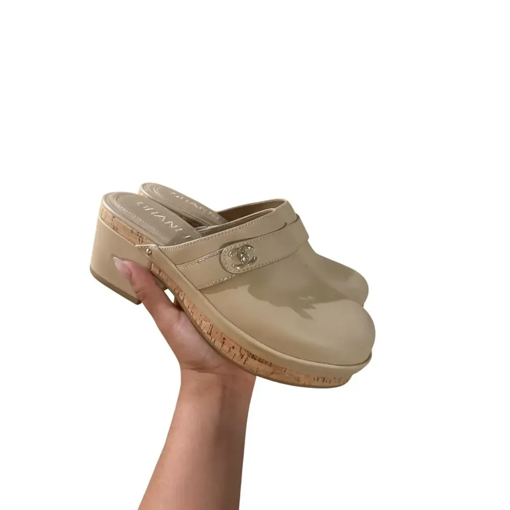 CHANEL Beige Calfskin CC Turn Lock Clog Mules sz 37